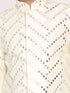 Boy's Cream-Colored Mirror Work Embellished Slim Fit Sherwani Set