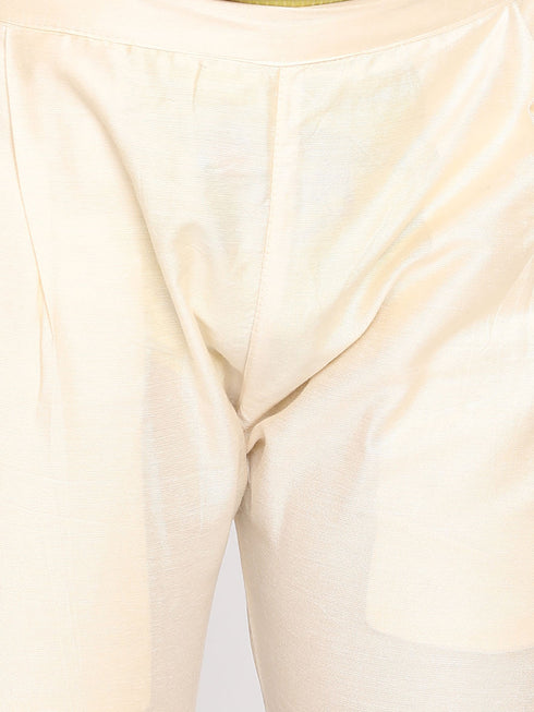 Boy's Cream-Colored Mirror Work Embellished Slim Fit Sherwani Set