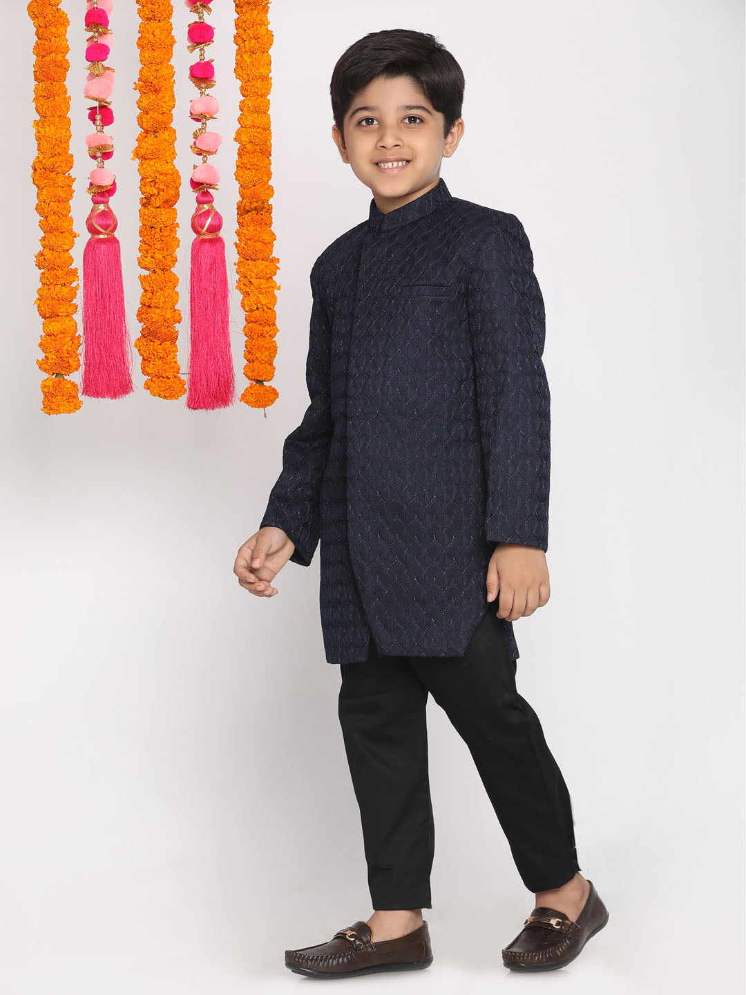 Boy's Navy Blue Embellished Slim-Fit Sherwani Set