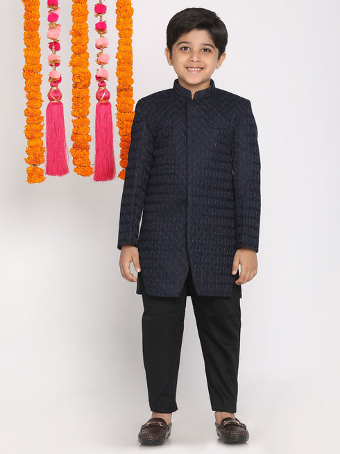 Boy's Navy Blue Embellished Slim-Fit Sherwani Set