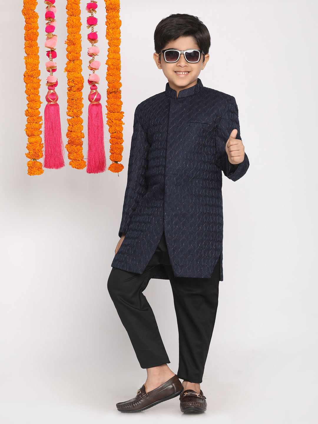 Boy's Navy Blue Embellished Slim-Fit Sherwani Set