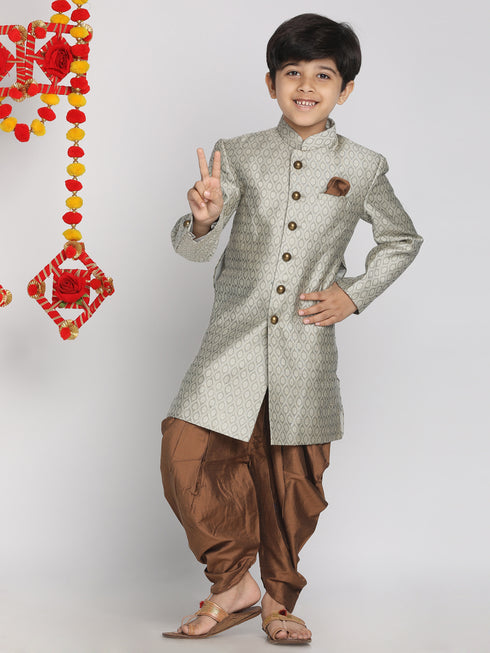 Boy's' Beige,Grey And Coffee Indowestern Sherwani And Cowl Dhoti Pant Set