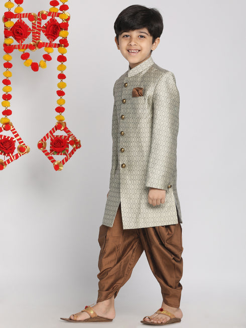 Boy's' Beige,Grey And Coffee Indowestern Sherwani And Cowl Dhoti Pant Set