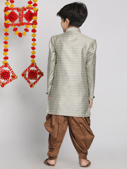 Boy's' Beige,Grey And Coffee Indowestern Sherwani And Cowl Dhoti Pant Set