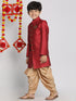 Boy's Maroon Indo Western Jacquard Sherwani And Dhoti Pant Set