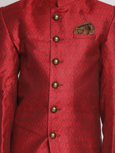 Boy's Maroon Indo Western Jacquard Sherwani And Dhoti Pant Set