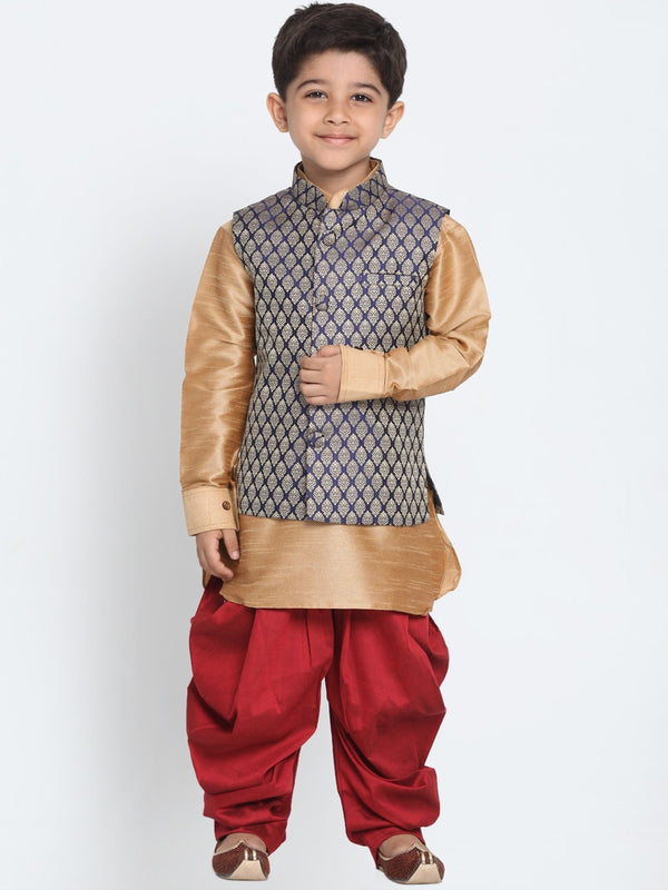 Boy's Rose Gold And Maroon Woven Kurta Set With Brocade Nehru Jacket