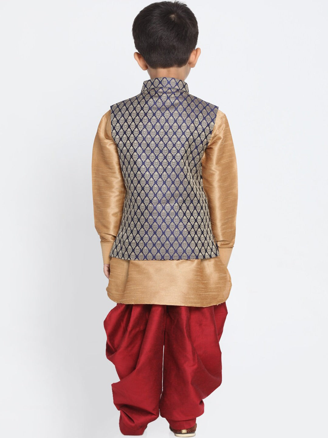 Boy's Rose Gold And Maroon Woven Kurta Set With Brocade Nehru Jacket
