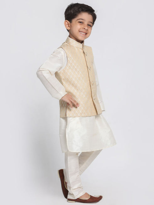 Boys' Beige Cotton Silk Blend Kurta, Waistcoat and Pyjama Set