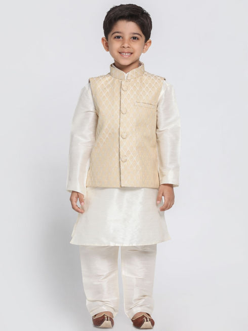 Boys' Beige Cotton Silk Blend Kurta, Waistcoat and Pyjama Set