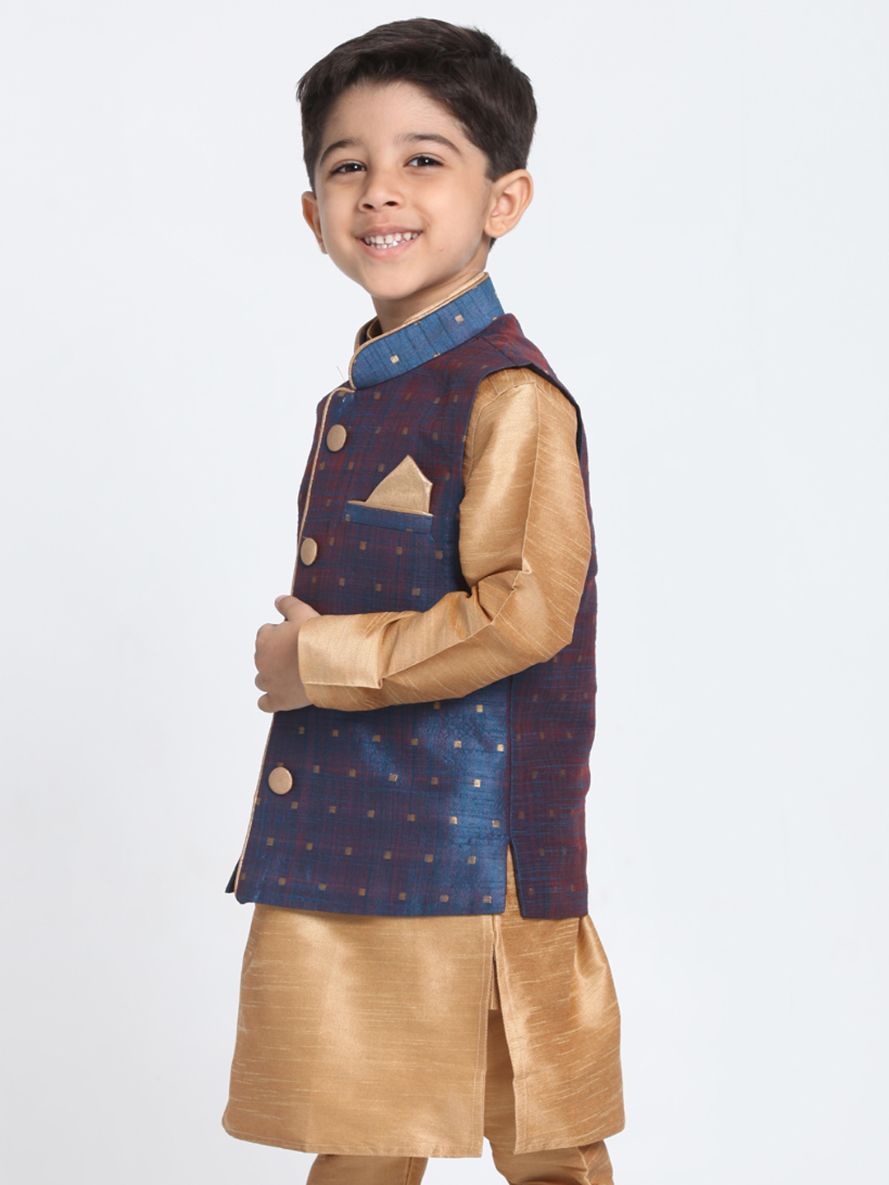 Boys' Deep Blue Cotton Silk Blend Nehru Jacket