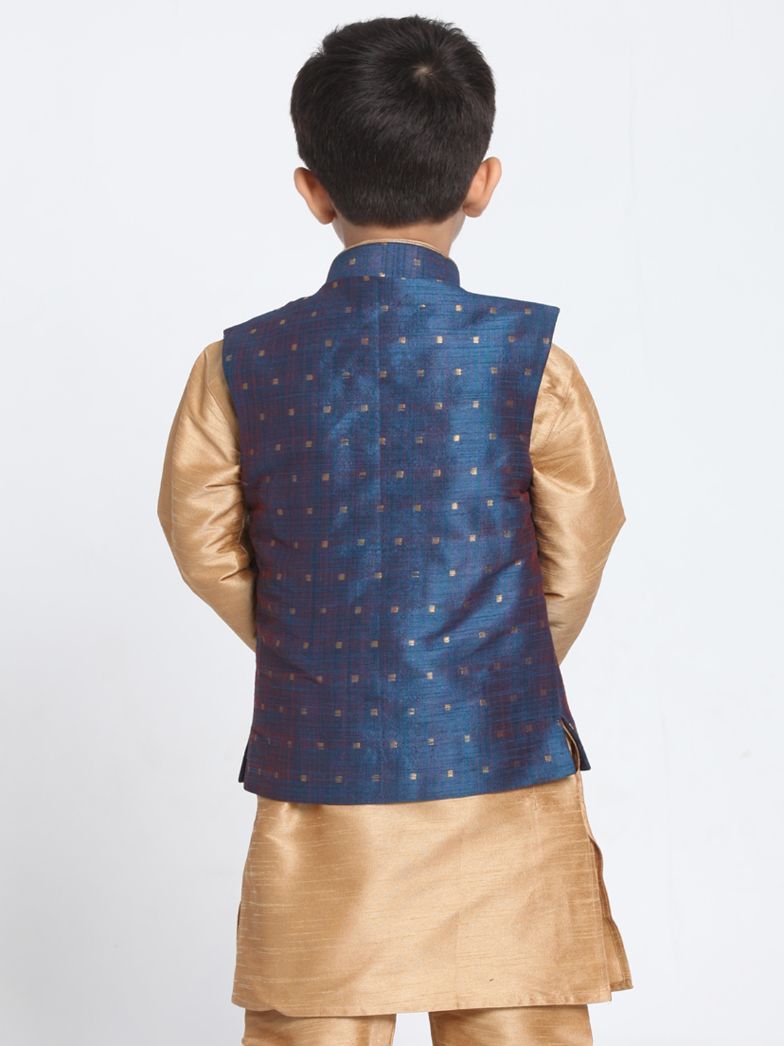 Boys' Deep Blue Cotton Silk Blend Nehru Jacket
