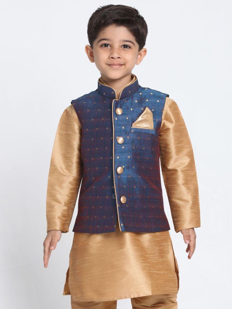 Boys' Deep Blue Cotton Silk Blend Nehru Jacket