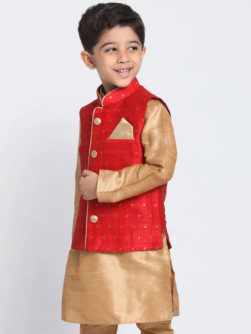 Boys' Maroon Cotton Silk Blend Nehru Jacket