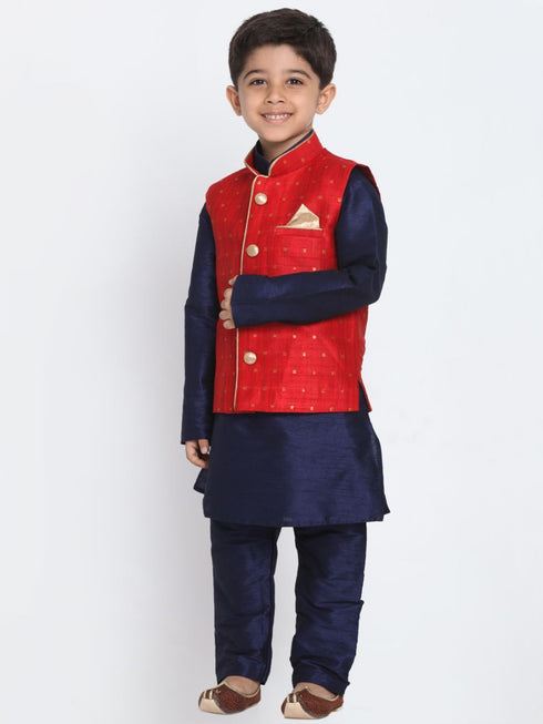Boys' Maroon Cotton Silk Blend Kurta, Waistcoat and Pyjama Set