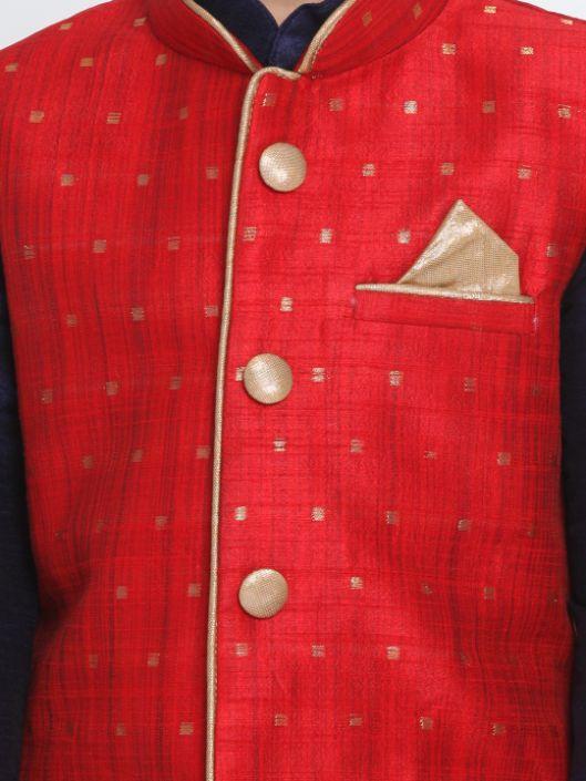 Boys' Maroon Cotton Silk Blend Kurta, Waistcoat and Pyjama Set