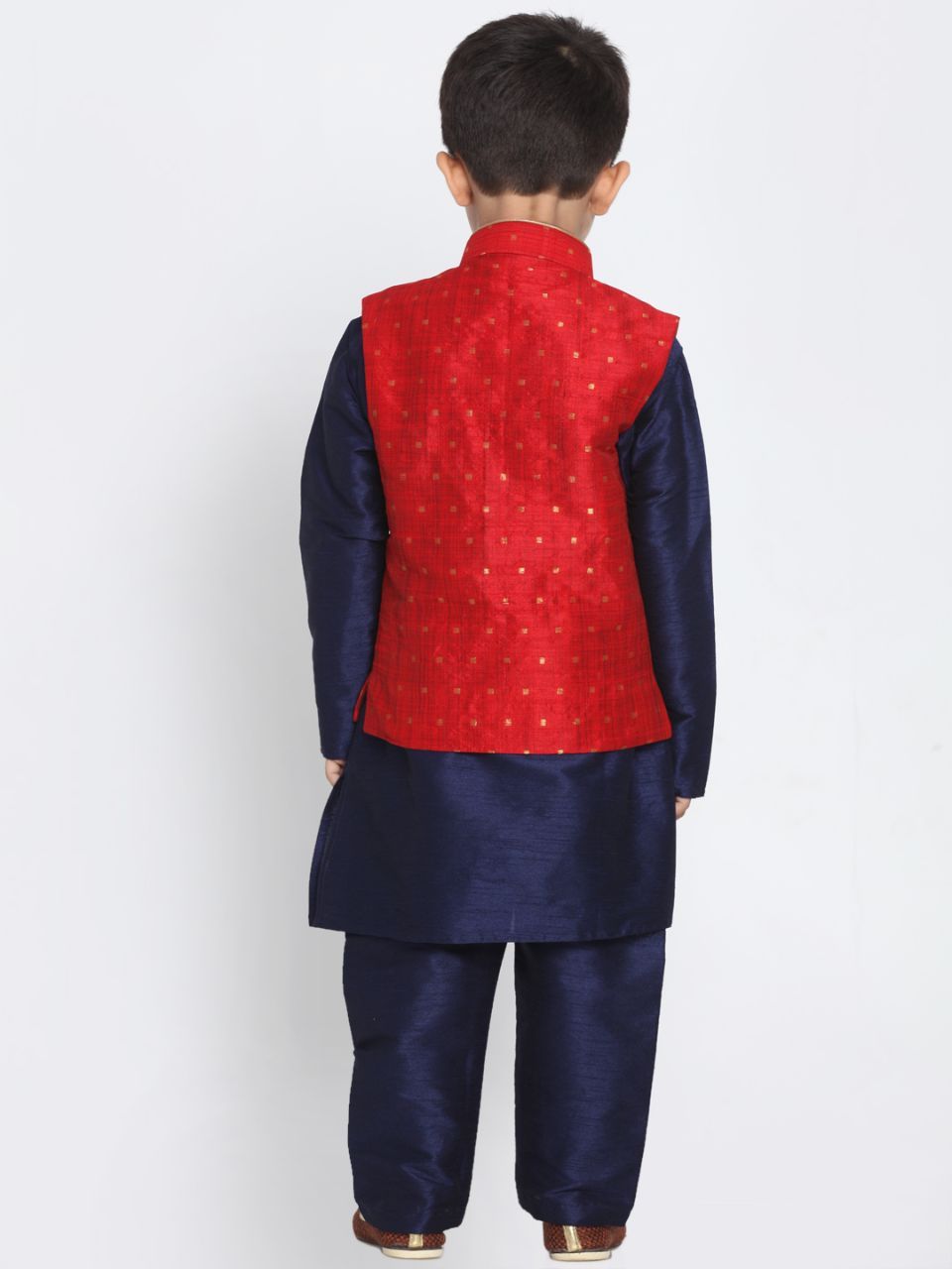 Boys' Maroon Cotton Silk Blend Kurta, Waistcoat and Pyjama Set