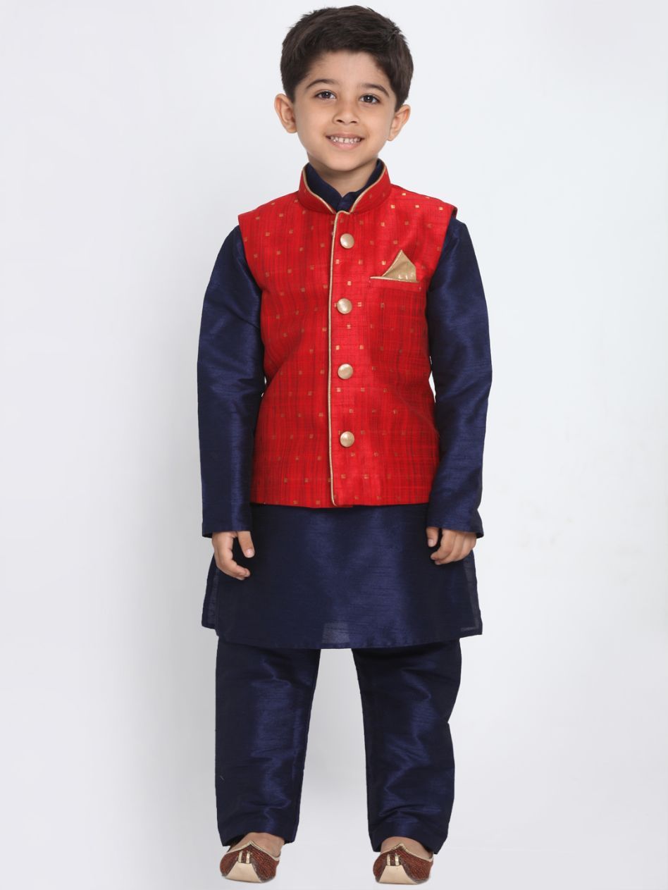 Boys' Maroon Cotton Silk Blend Kurta, Waistcoat and Pyjama Set