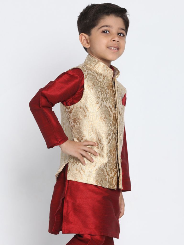 Boys' Gold Cotton Silk Blend Nehru Jacket