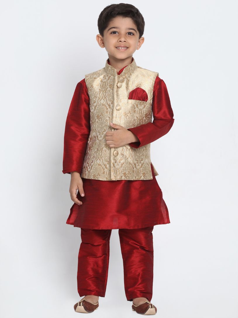 Boys' Gold Cotton Silk Blend Nehru Jacket