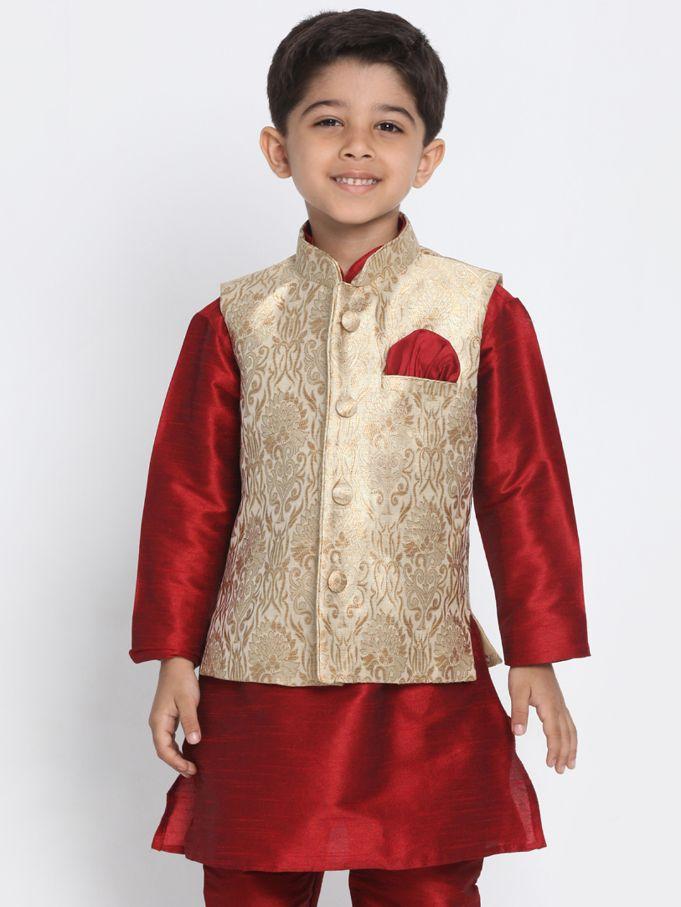 Boys' Gold Cotton Silk Blend Nehru Jacket