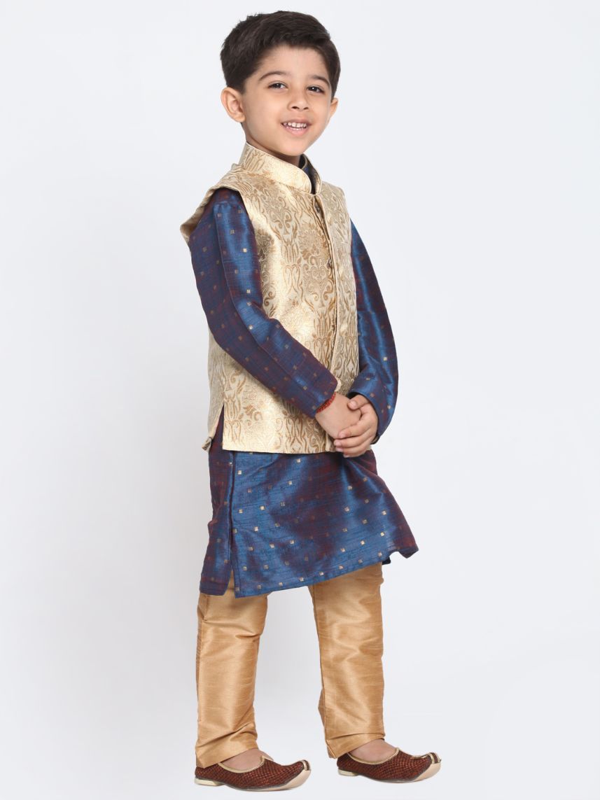 Boys' Gold Cotton Silk Blend Kurta, Waistcoat and Pyjama Set