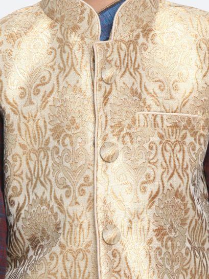 Boys' Gold Cotton Silk Blend Kurta, Waistcoat and Pyjama Set