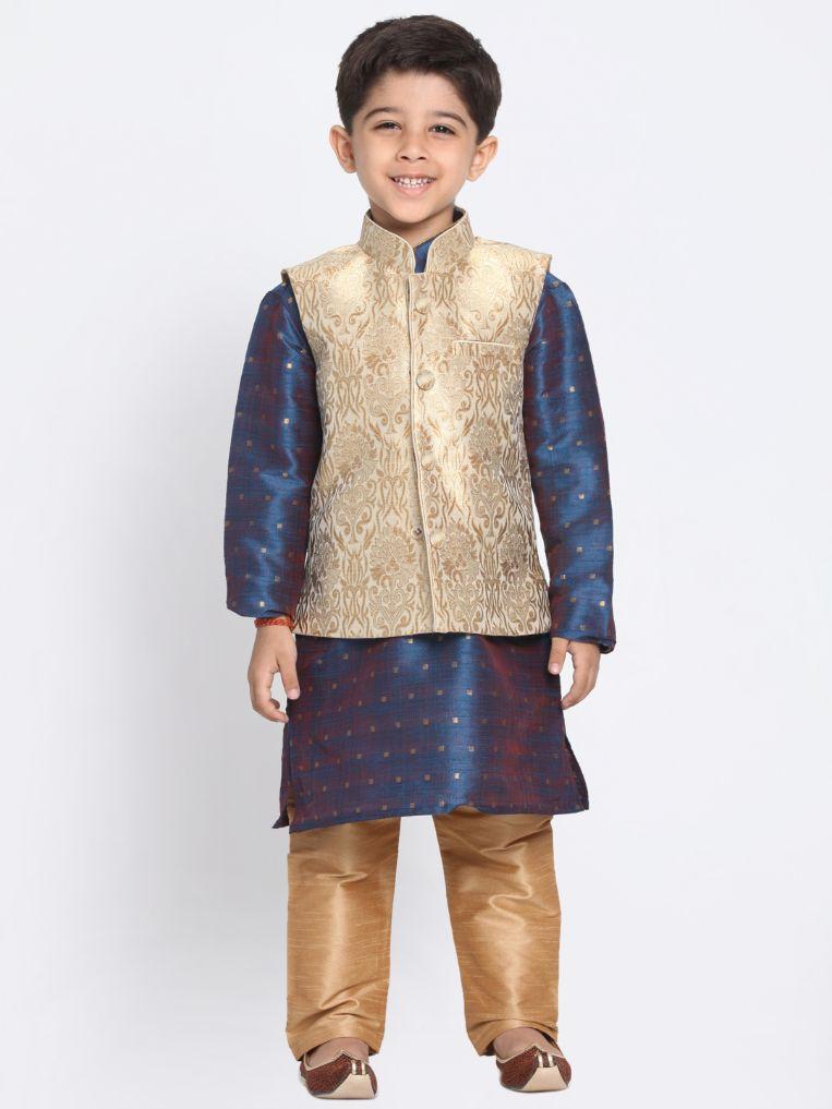 Boys' Gold Cotton Silk Blend Kurta, Waistcoat and Pyjama Set