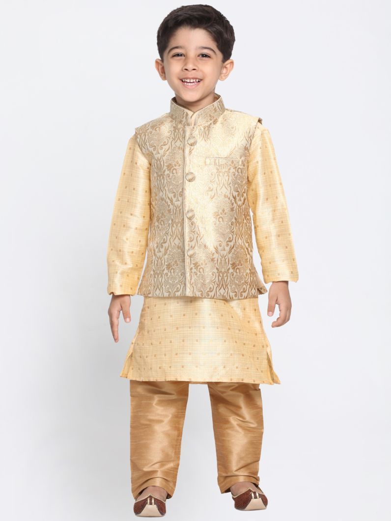 Boys' Gold Cotton Silk Blend Kurta, Waistcoat and Pyjama Set