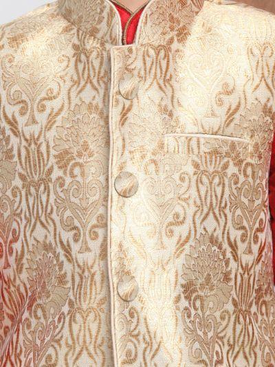 Boys' Gold Cotton Silk Blend Kurta, Waistcoat and Pyjama Set