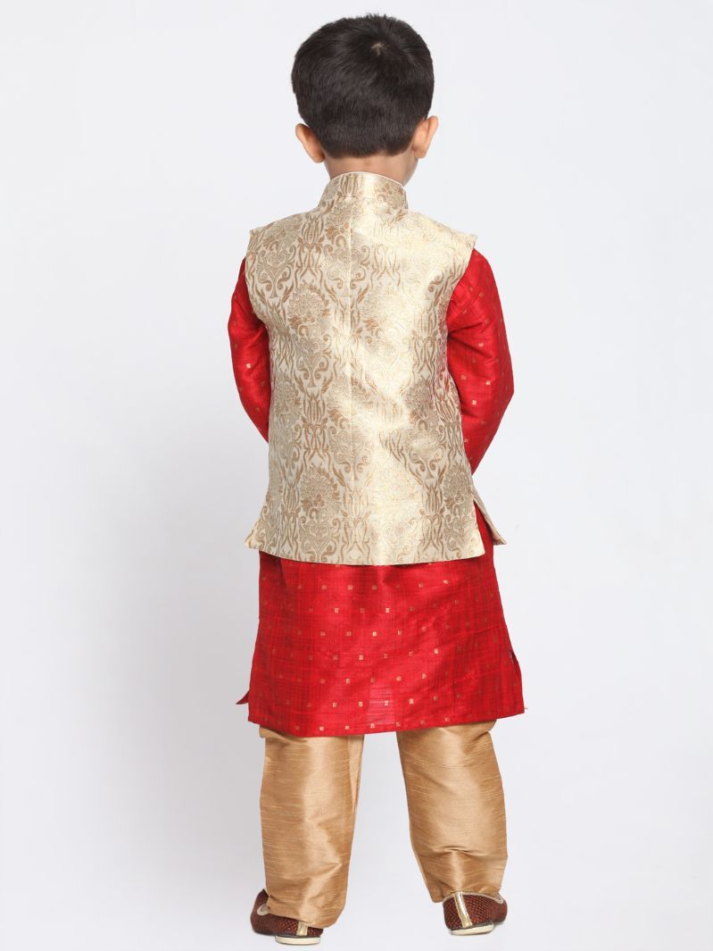 Boys' Gold Cotton Silk Blend Kurta, Waistcoat and Pyjama Set