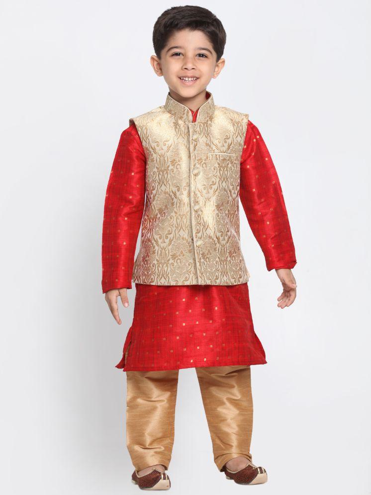 Boys' Gold Cotton Silk Blend Kurta, Waistcoat and Pyjama Set