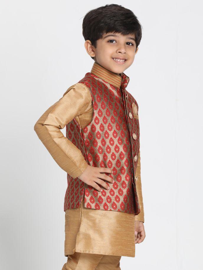 Boys' Maroon Cotton Silk Blend Nehru Jacket