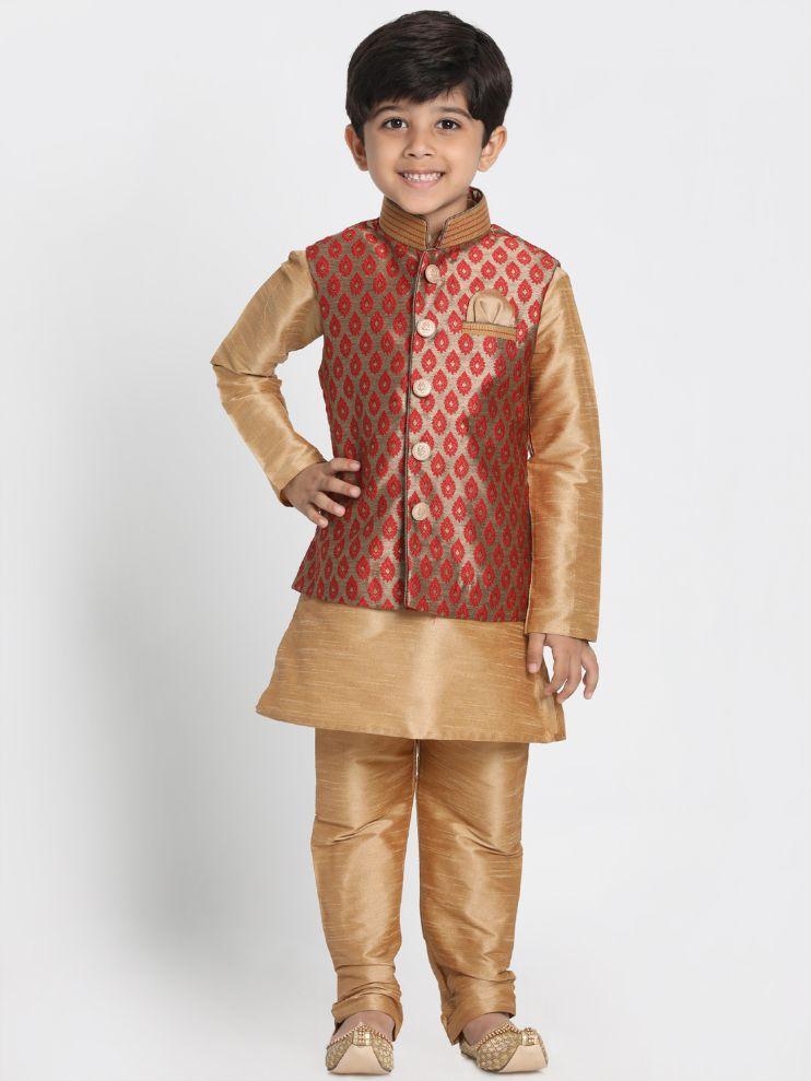 Boys' Maroon Cotton Silk Blend Nehru Jacket