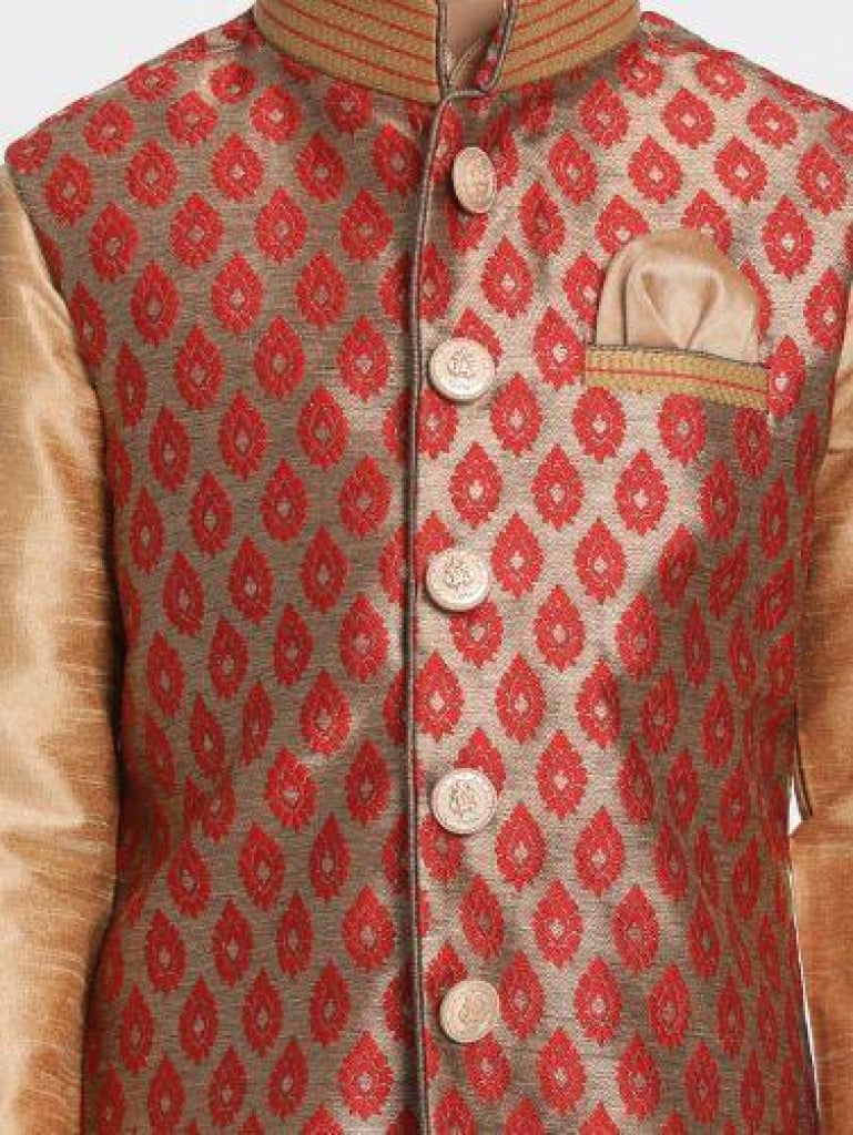 Boys' Gold Cotton Silk Blend Kurta, Waistcoat and Pyjama Set