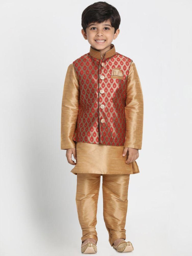 Boys' Gold Cotton Silk Blend Kurta, Waistcoat and Pyjama Set