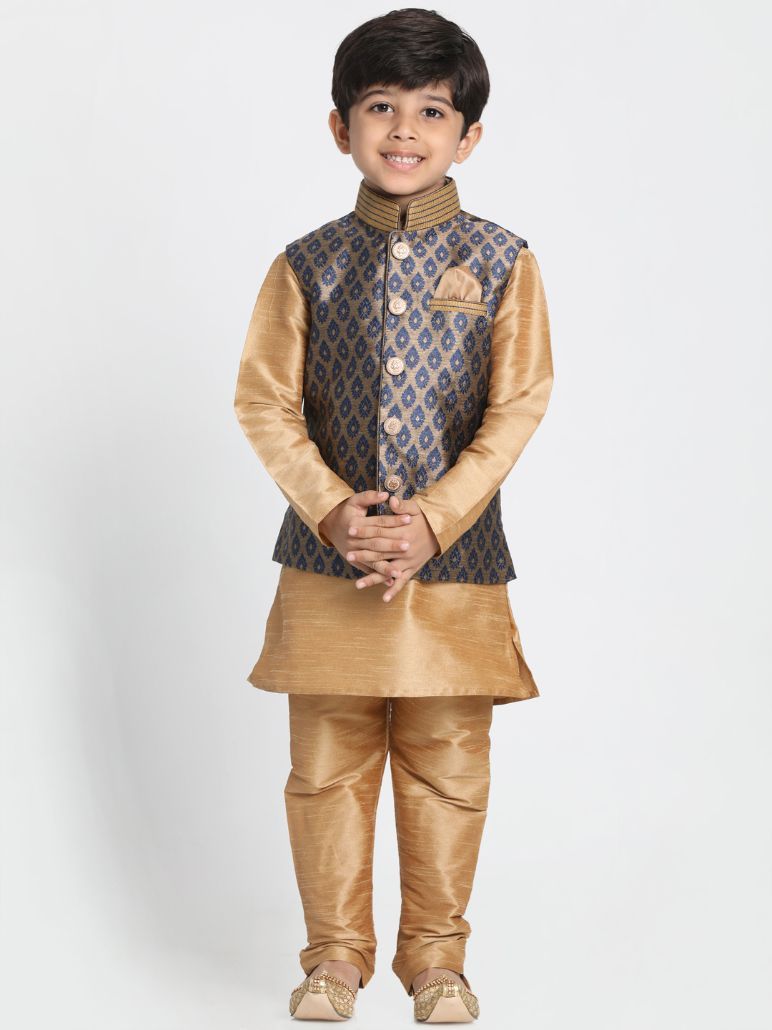 Boys' Deep Blue Cotton Silk Blend Nehru Jacket