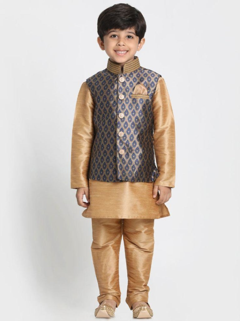 Boys' Gold Cotton Silk Blend Kurta, Waistcoat and Pyjama Set