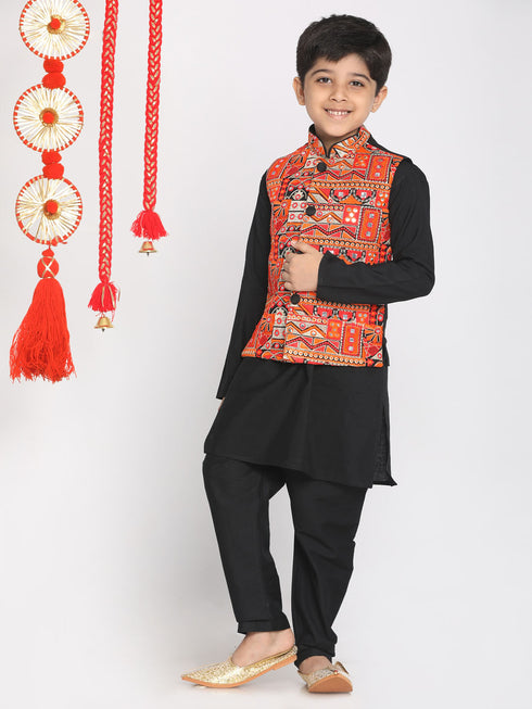 Boy's' Orange And Black Jacket, Kurta And Pyjama Set