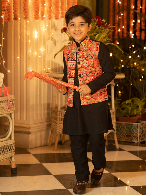 Boy's' Orange And Black Jacket, Kurta And Pyjama Set