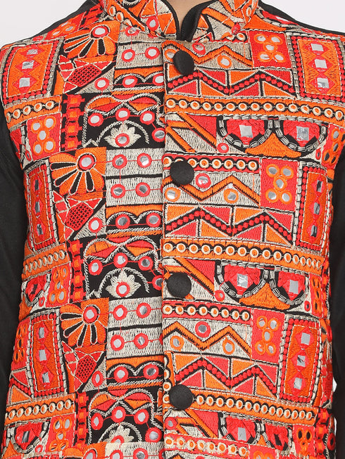 Boy's' Orange And Black Jacket, Kurta And Pyjama Set