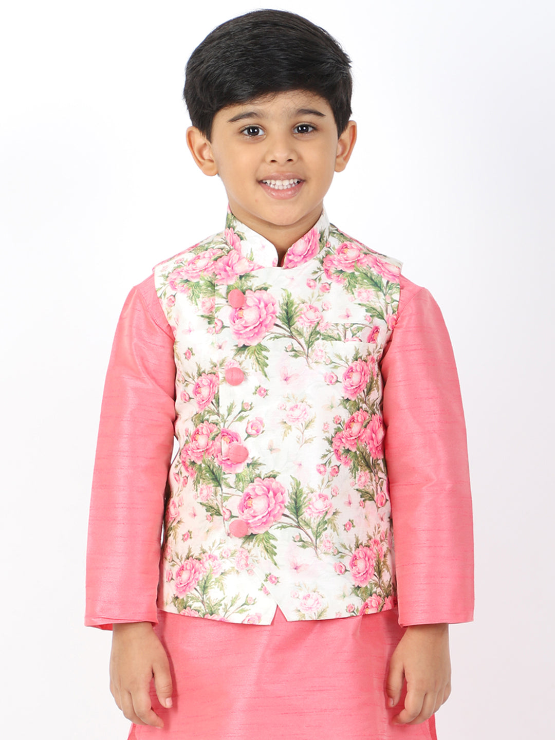 Boy's Multicolor-Base-Cream Nehru Jacket
