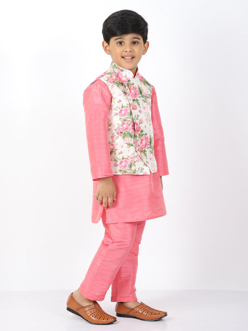 Boy's Floral Printed Nehru Jacket With Silk Blend Solid Kurta Pyjama Set