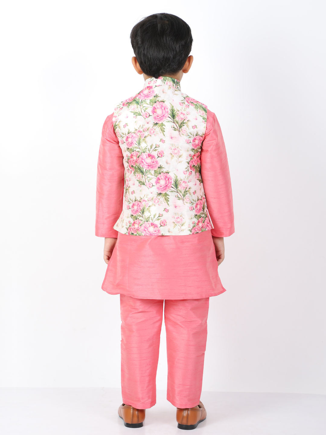 Boy's Floral Printed Nehru Jacket With Silk Blend Solid Kurta Pyjama Set