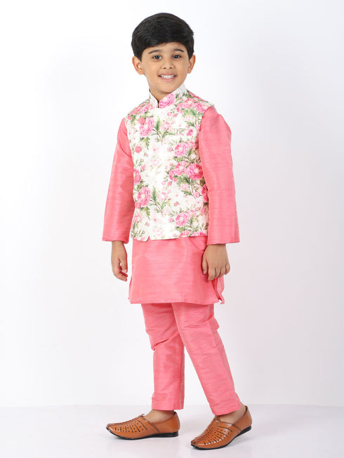Boy's Floral Printed Nehru Jacket With Silk Blend Solid Kurta Pyjama Set