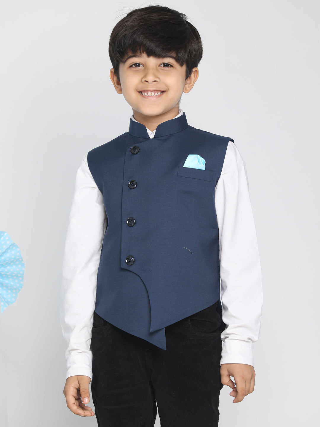 Boy's Blue Cotton Blend Twill Nehru Jacket