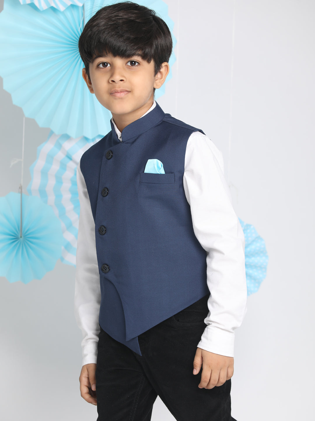 Boy's Navy Blue Solid Slim-Fit Satin Nehru Jacket