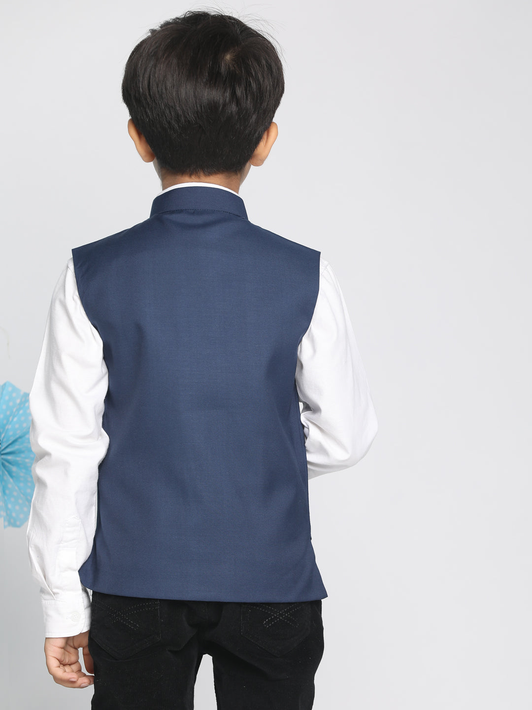 Boy's Navy Blue Solid Slim-Fit Satin Nehru Jacket