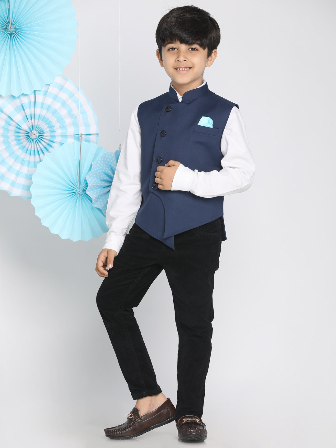 Boy's Navy Blue Solid Slim-Fit Satin Nehru Jacket