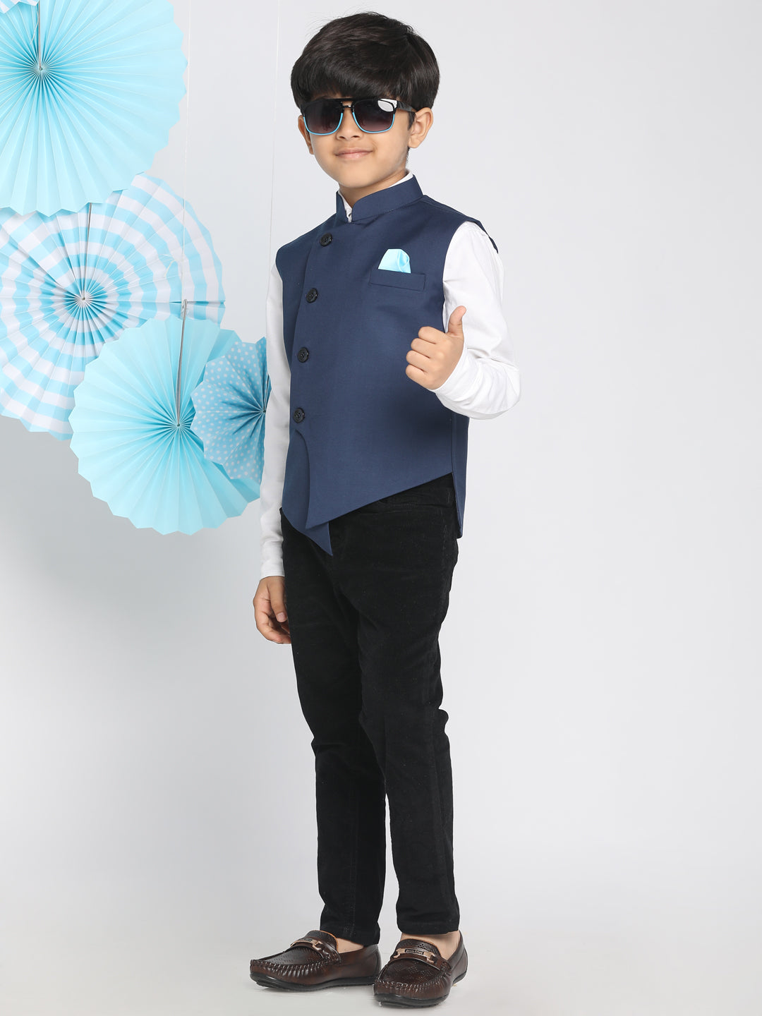 Boy's Navy Blue Solid Slim-Fit Satin Nehru Jacket